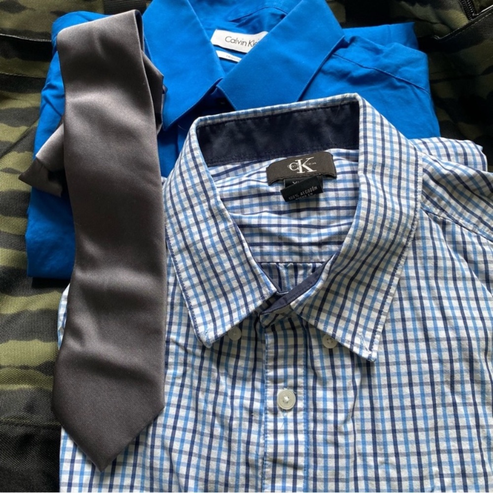 2 Calvin Klein Blue and Gray Checkered Men's Dress Shirt 1 Calvin Klein slim tie